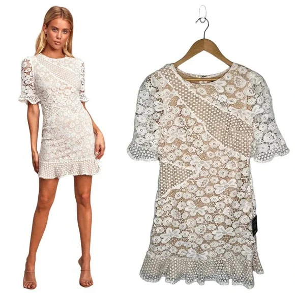 chinese dress ladies Elegant White Lace Long-Sleeve Mini Dress Short Lace V-Neck Wedding Dress White / 0